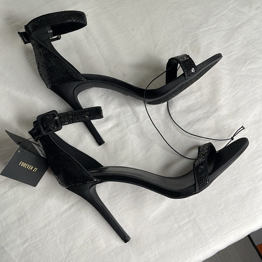 Forever 21, black and sequins, size 11 wide shoes, 5 inch heel, sandal style.